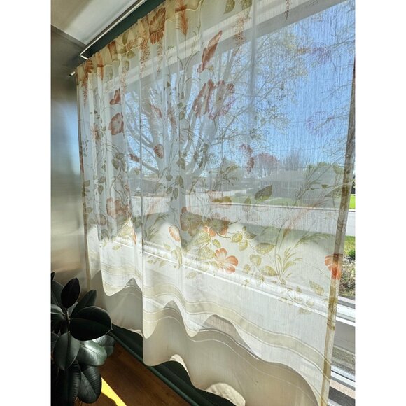 Vintage 1970s cream curtain, large orange flowers with greenery, rod header - Picture 8 of 10